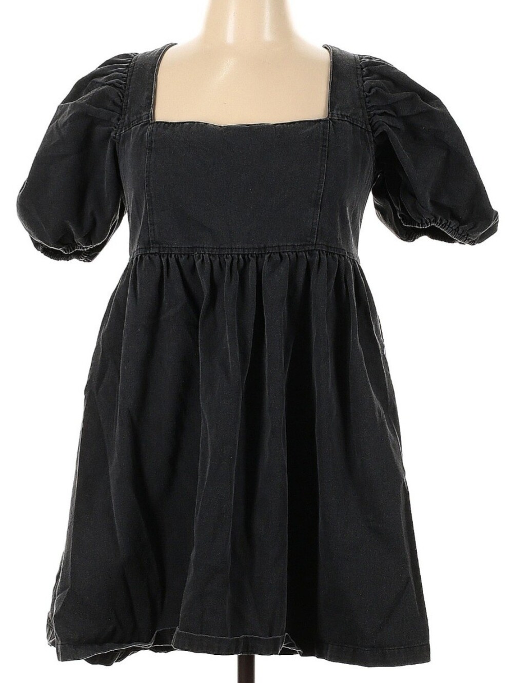 Square Neck Puff-Sleeve Casual Dress in Black